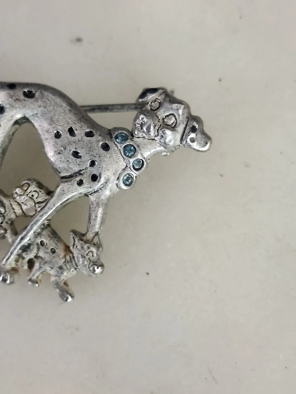 Silver Tone Dalmatian Mother & Puppies Brooch with Blue Accents